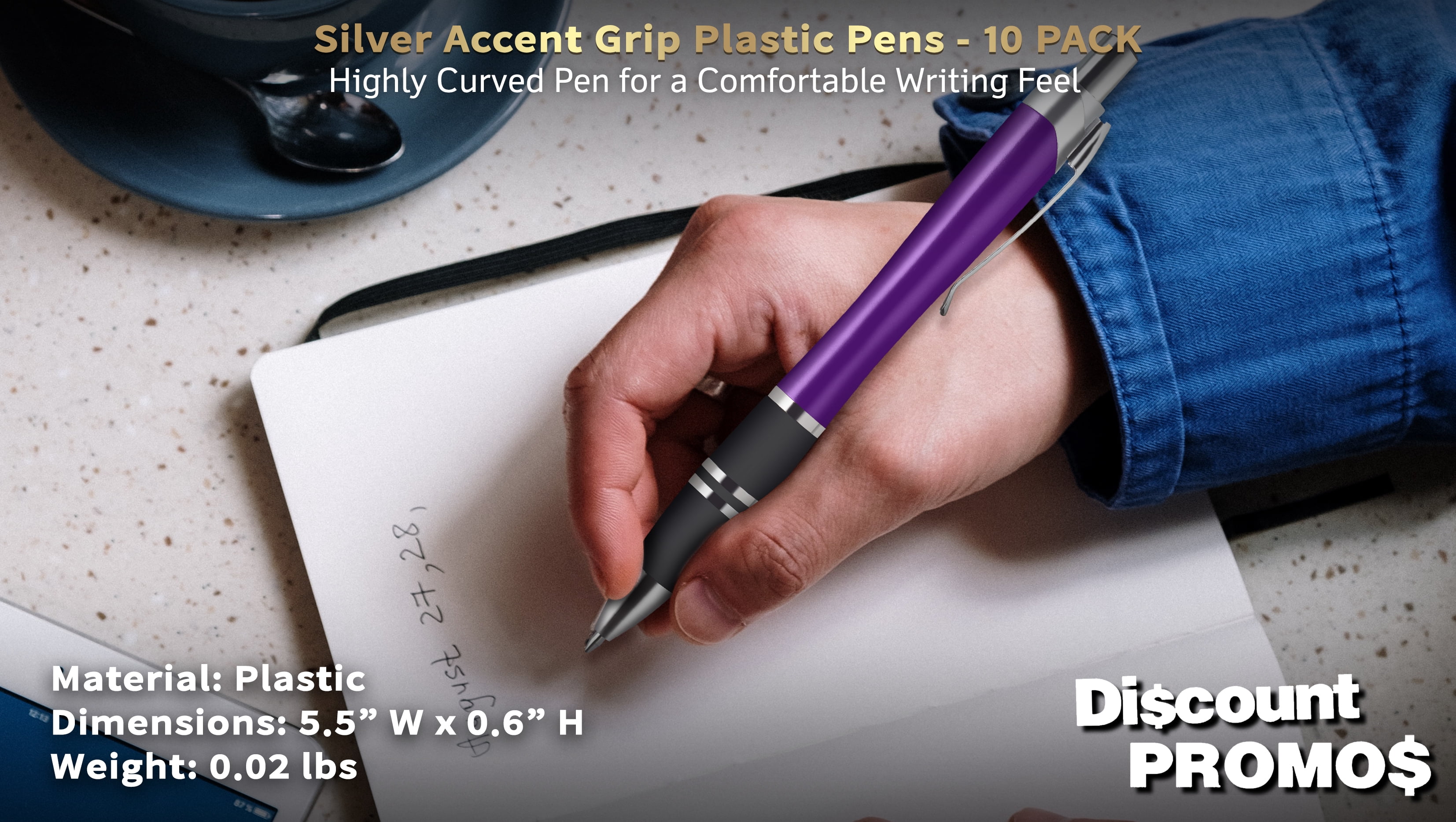 10 Silver Accent Grip Plastic Pens Pack - Click action, Rubber Grip - Purple
