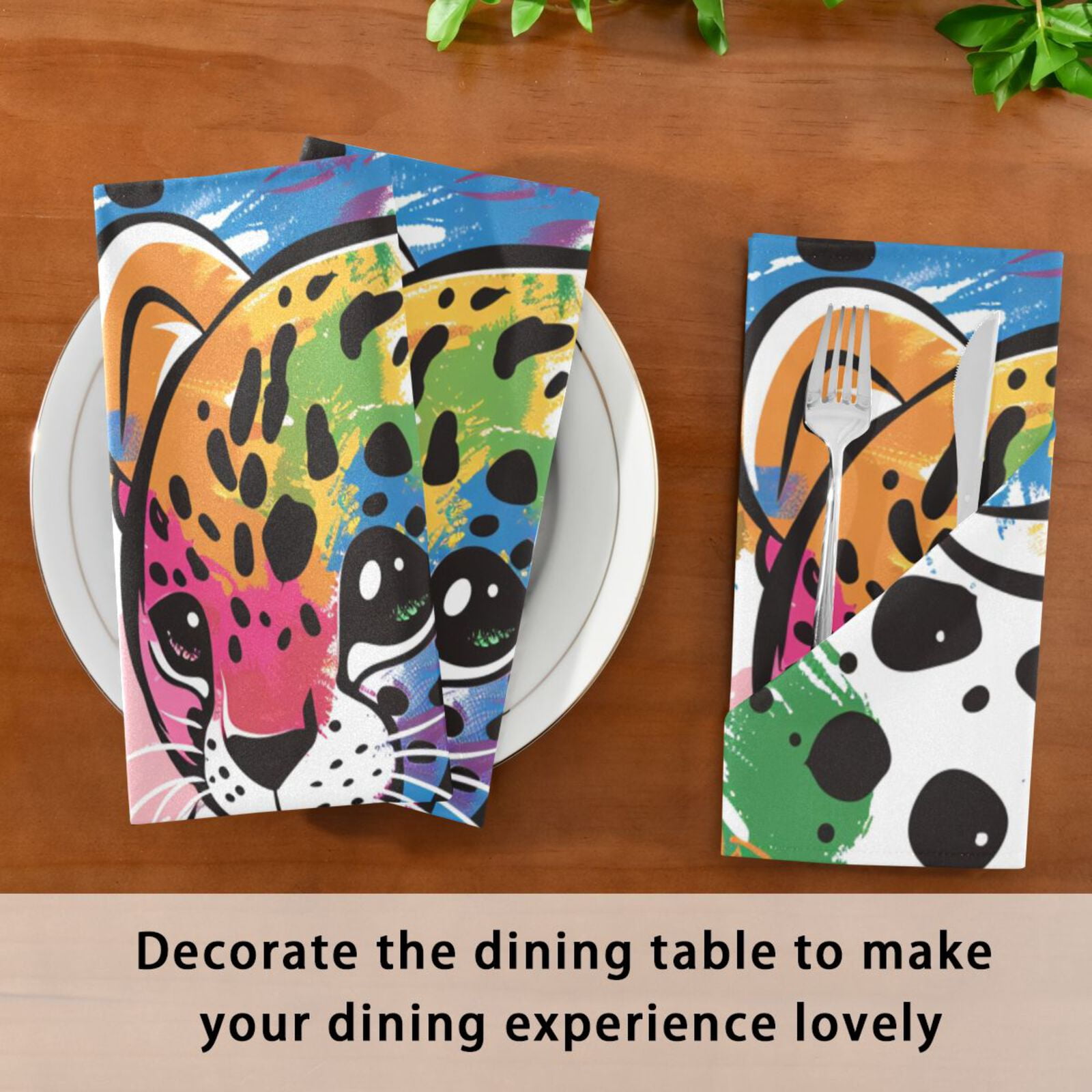 JSTEL Cute Leopard Cartoon Rainbow Cloth Napkins Set of 6, 20x20 Inch Washable and Reusable Napkin for Decoupage Dinner Party Everyday Use