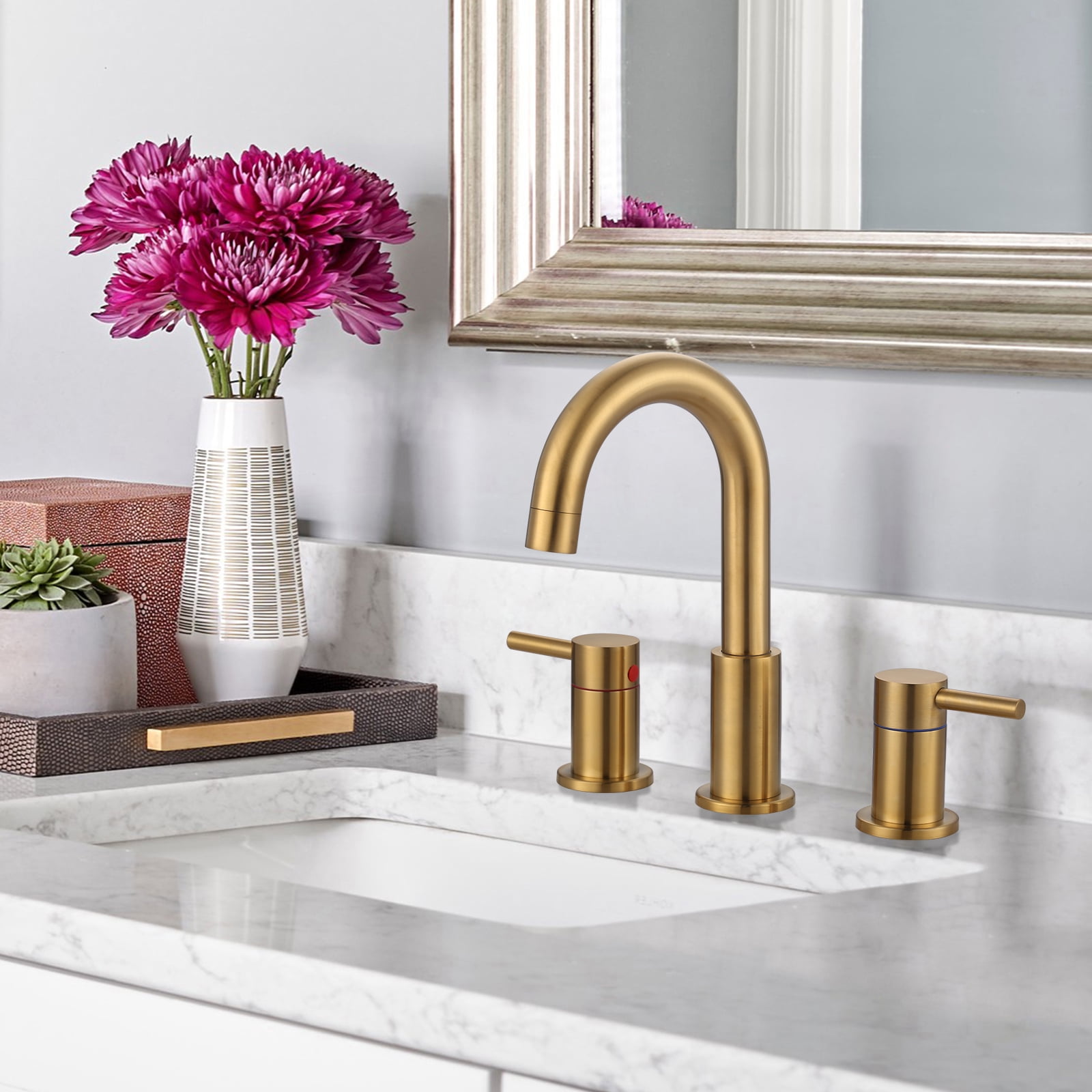 Wowow 2-Handle 6" and 8" Widespread Gold Lavatory Faucet with Supply Hoses & Drain Assembly