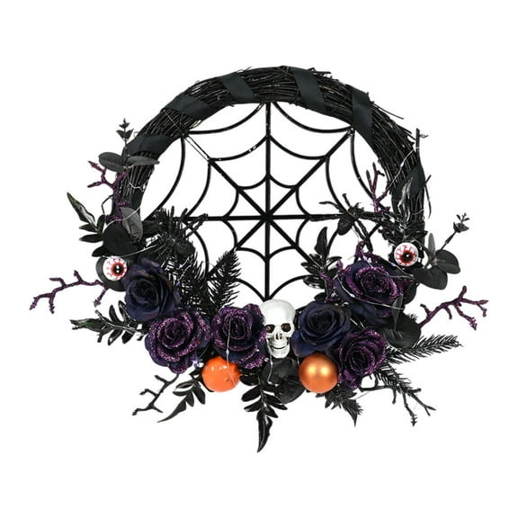 Halloween Glitter Pumpkin Wreath with Balls & Berries, Black Roses - Indoor/Outdoor, for Home Decor 15In