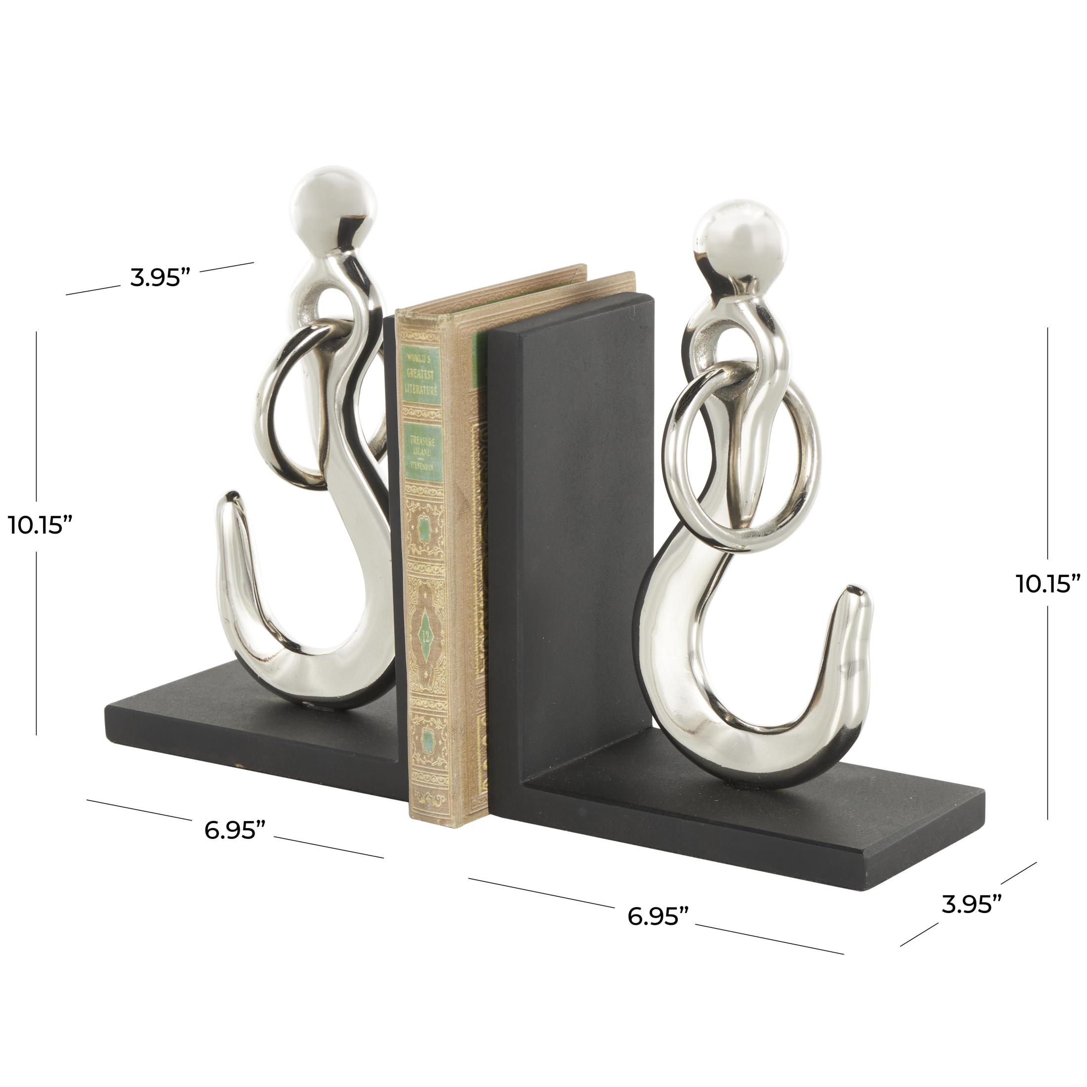 DecMode 7" Hook Silver Aluminum Metal Bookends with Black Bases (Set of 2)