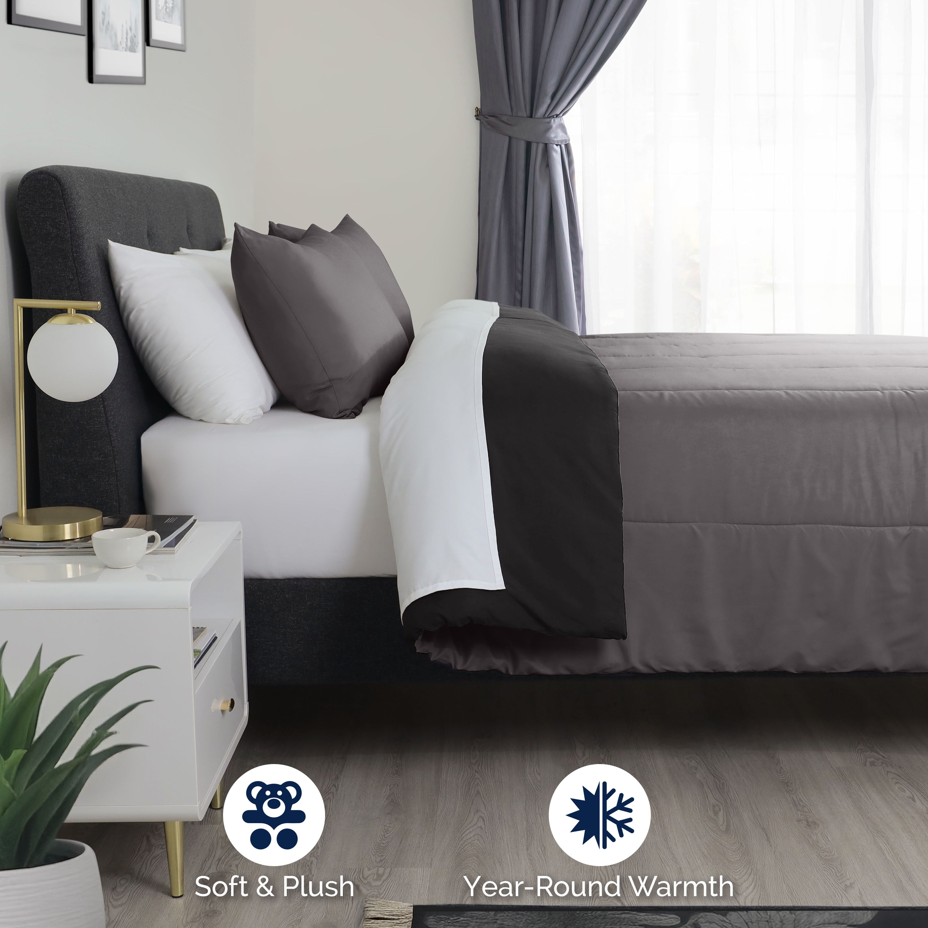 Martex 3-Piece King Reversible Comforter Set | Super Soft Lightweight | Graphite/Ebony