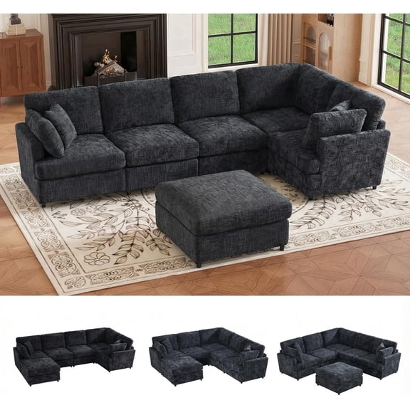 Chalantevo 122.6" Chenille Modular Sectional 6 Seater Sofa, Deep Seat Couch with Ottoman & Removable Covers, Free Combination Modern Couch