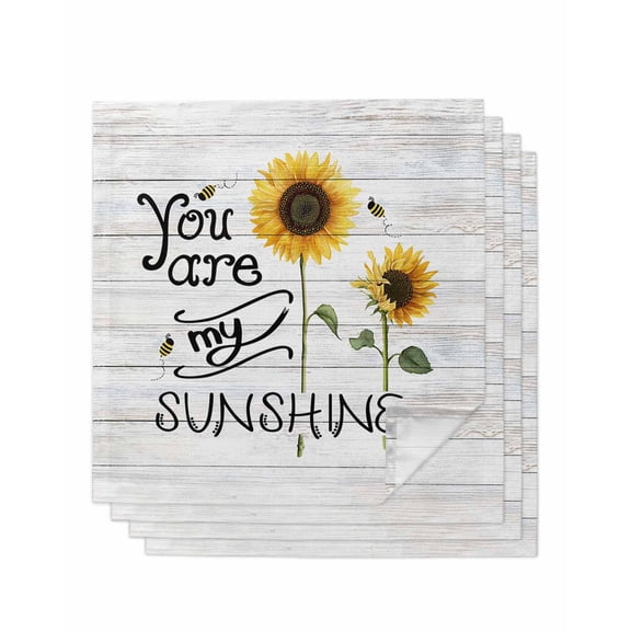 Sunflowers Cloth Napkins Set of 4 Reusable Dinner Napkins, Farmhouse Country Bee Wooden Grain Cocktail Napkin Washable Table Napkins for Wedding/Holiday Party/Baby Shower 20"x20"
