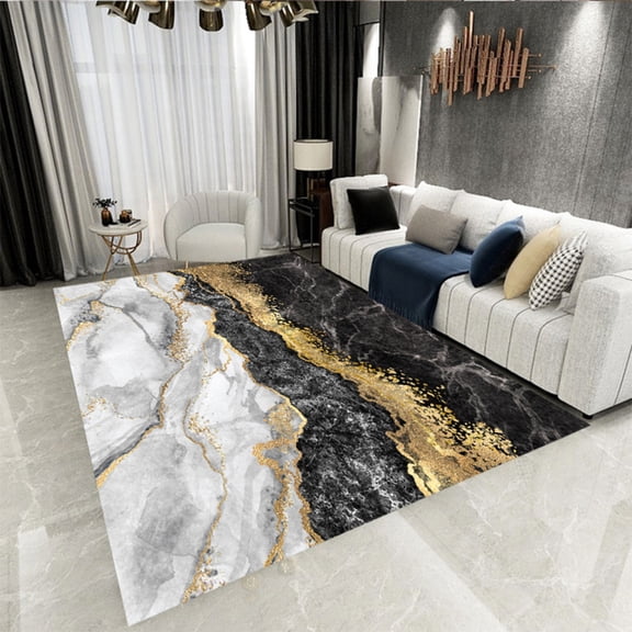 Vintage Modern Abstract Marble Area Rugs, Black Grey Gold Carpet For Living Room Bedroom Soft Thick Washable Rug Home Office Floor Rug 5' x 7'