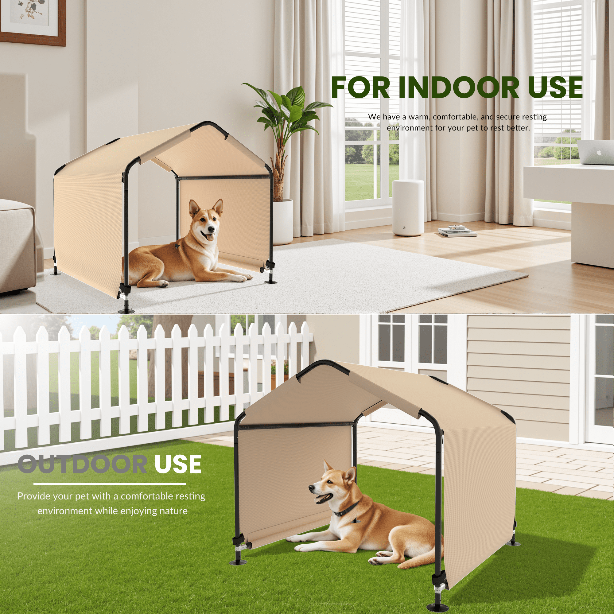 Outdoor Dog Shade Shelter 4'x4'x3' Portable Dog Tent Sun Rain Canopy for Outside Pet House for Large Medium Dogs, Cats, Pigs w/ Waterproof Roof, Ground Nails, Khaki