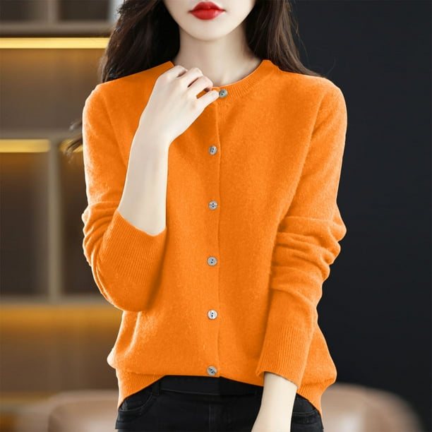 Cárdigan de punto para mujer, color liso, manga larga, cuello redondo, fino, blusa