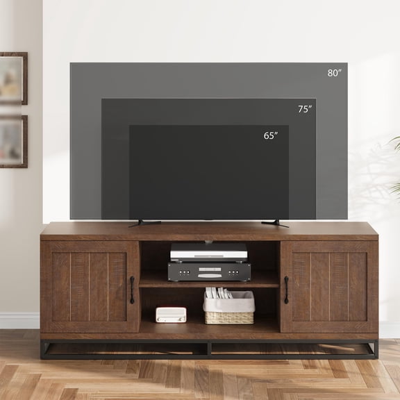 TV Stand Farmhouse for 75 Inch Entertainment Center, Modern Wood Media Console with Adjustable Shelves Storage Cabinets for Living Room Bedroom Brown