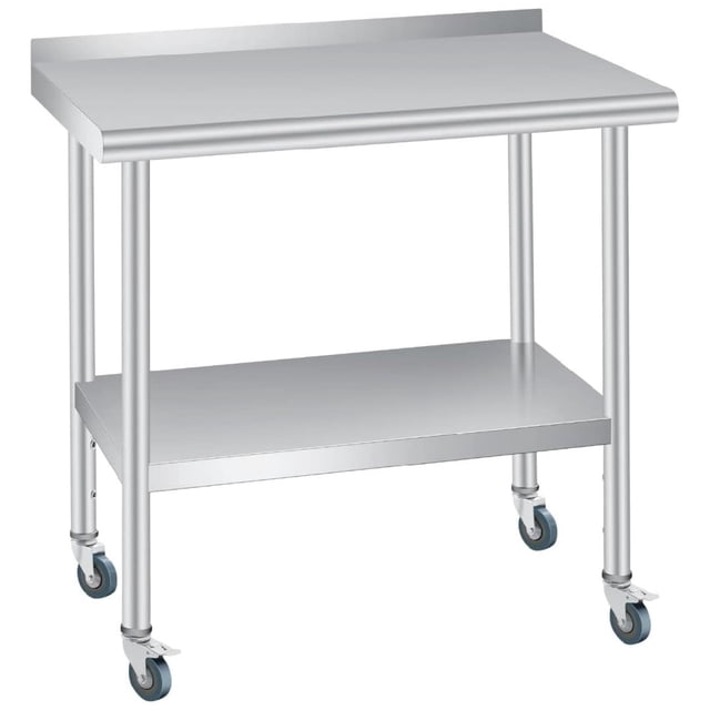 Bingirl Table de Travail de Préparation Commerciale Robuste en Acier Inoxydable 30x24 Pouces avec Dosseret, 4 Roulettes Pivotantes et Tablette Réglable sous l'Étagère pour Restaurant, Maison et Usage Extérieur