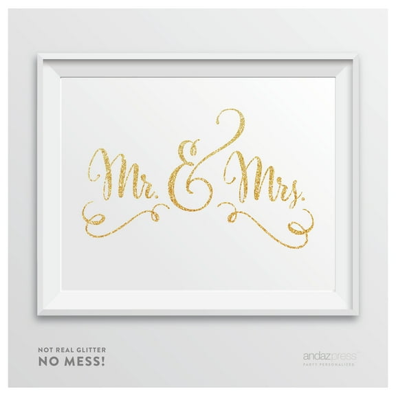 Mr. & Mrs. Gold Faux Glitter Wedding Party Signs