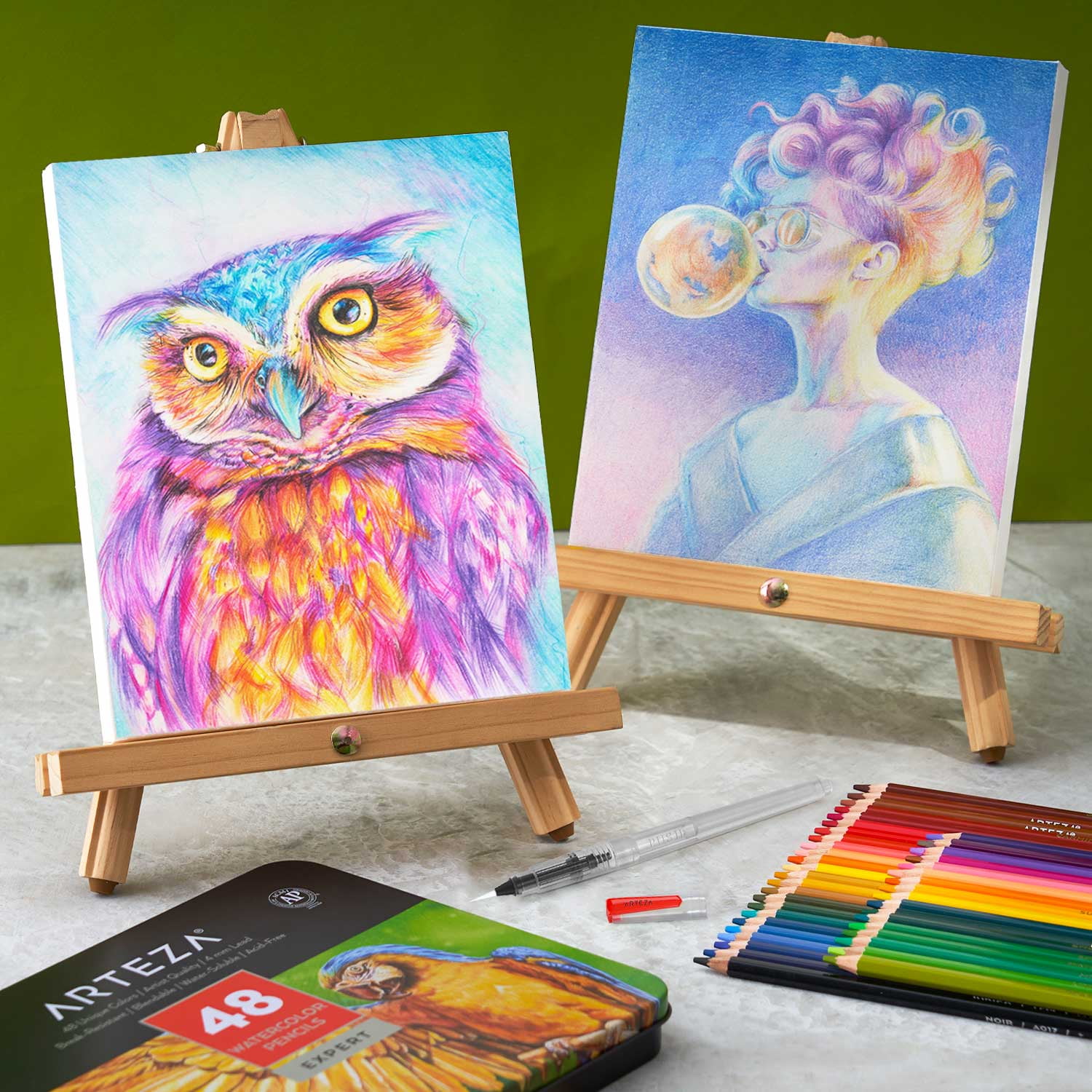 Arteza Watercolor Drawing Art Set, 48 Watercolor Pencils and 10 Foldable Canvas Paper Sheets
