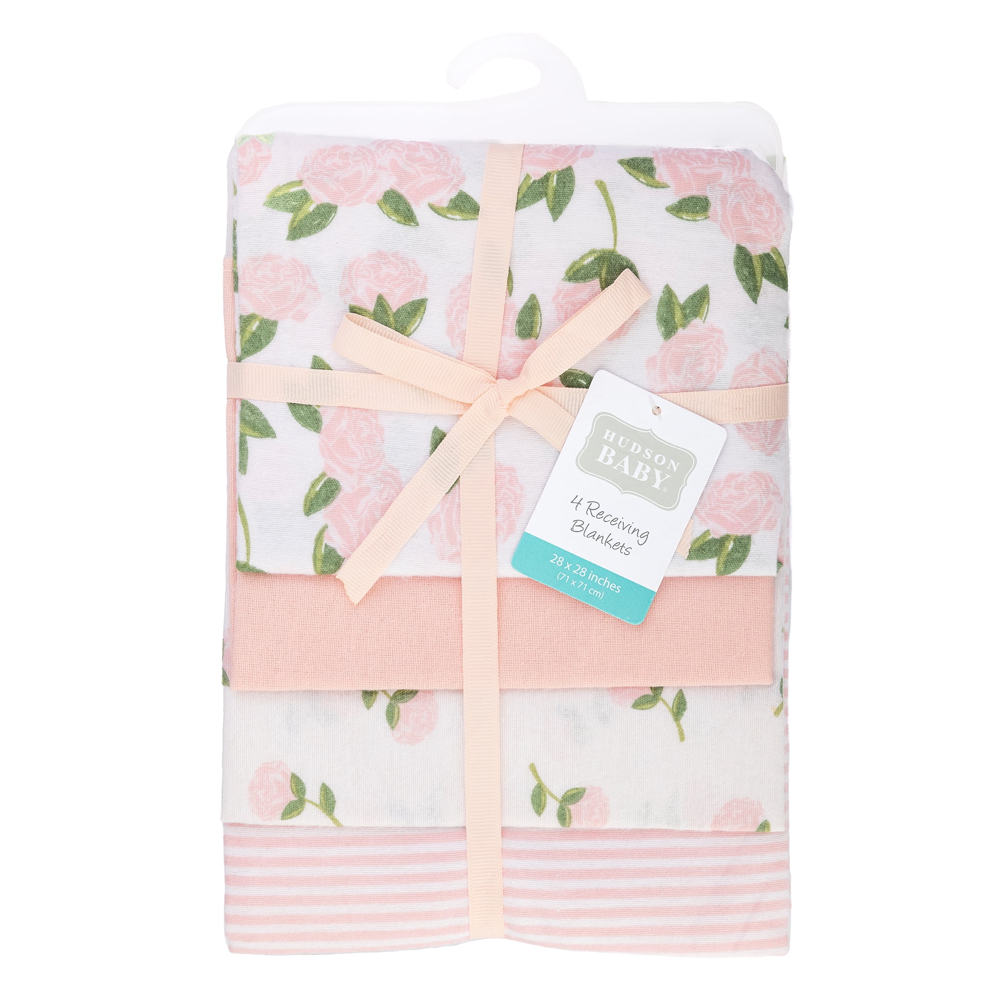 Hudson Baby Girl Cotton Polyester Flannel Receiving Blankets 4-Pack, Pink Peony, One Size