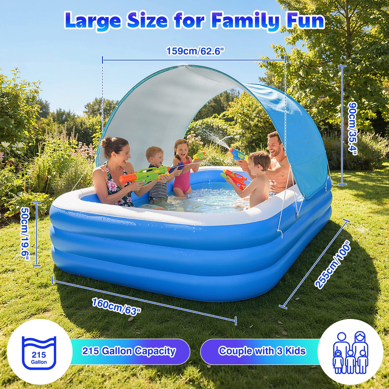 MoKo Inflatable Pool with Canopy, Blow Up Pool for Adults Kids, Large Kiddie Pool with Shade, Kid Swimming Pool for Backyard 102"x65"x23", Blue