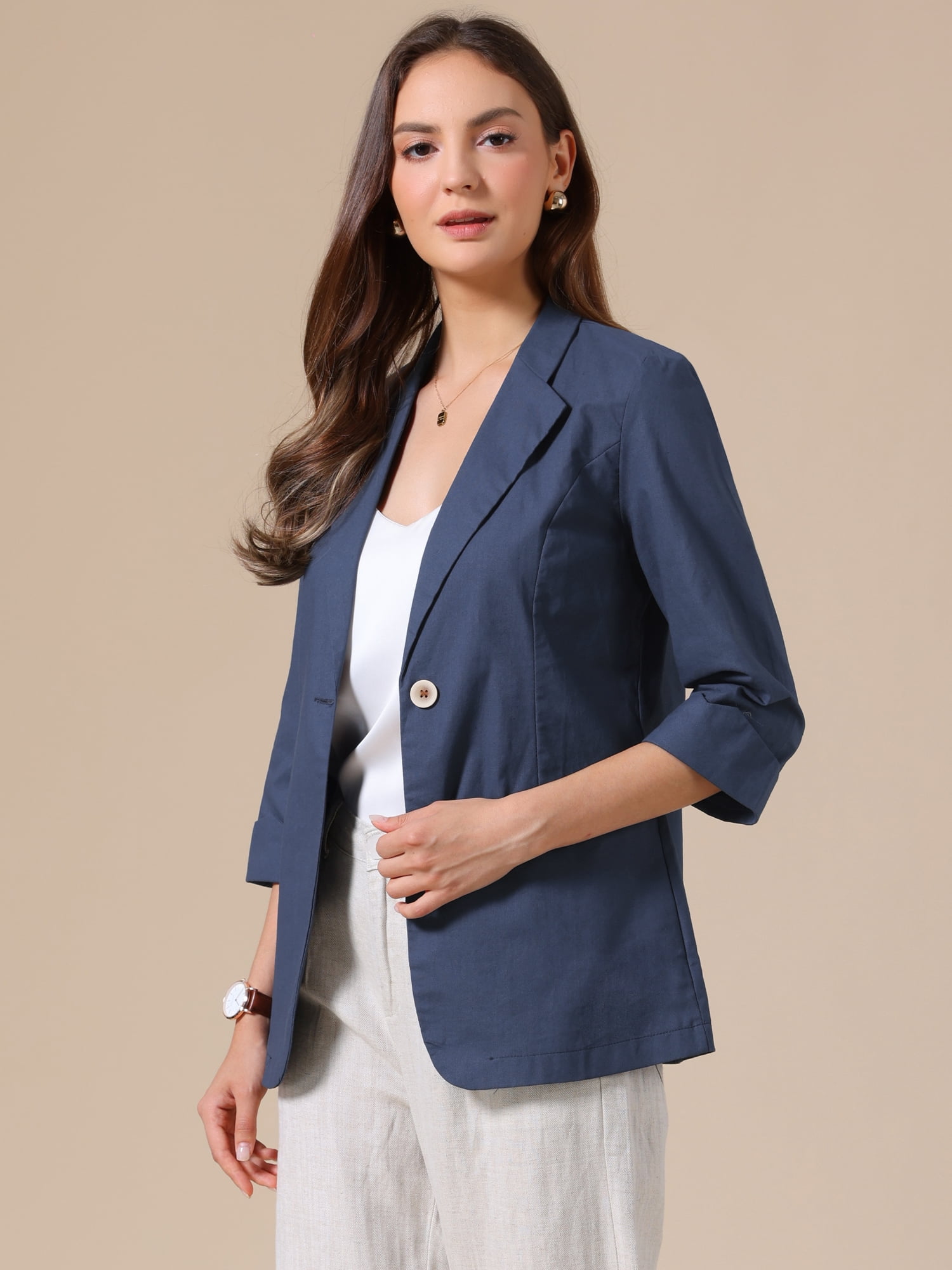 DARING DIVA Women's Cotton Linen 3/4 Sleeve Lightweight Jacket Blazer M Navy Blue
