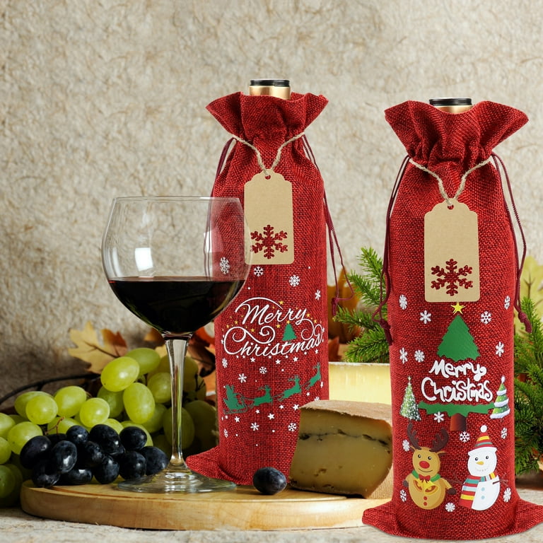 PIXHOTUL 12Pcs Burlap Wine Bags, Christmas Jute Drawstring Covers