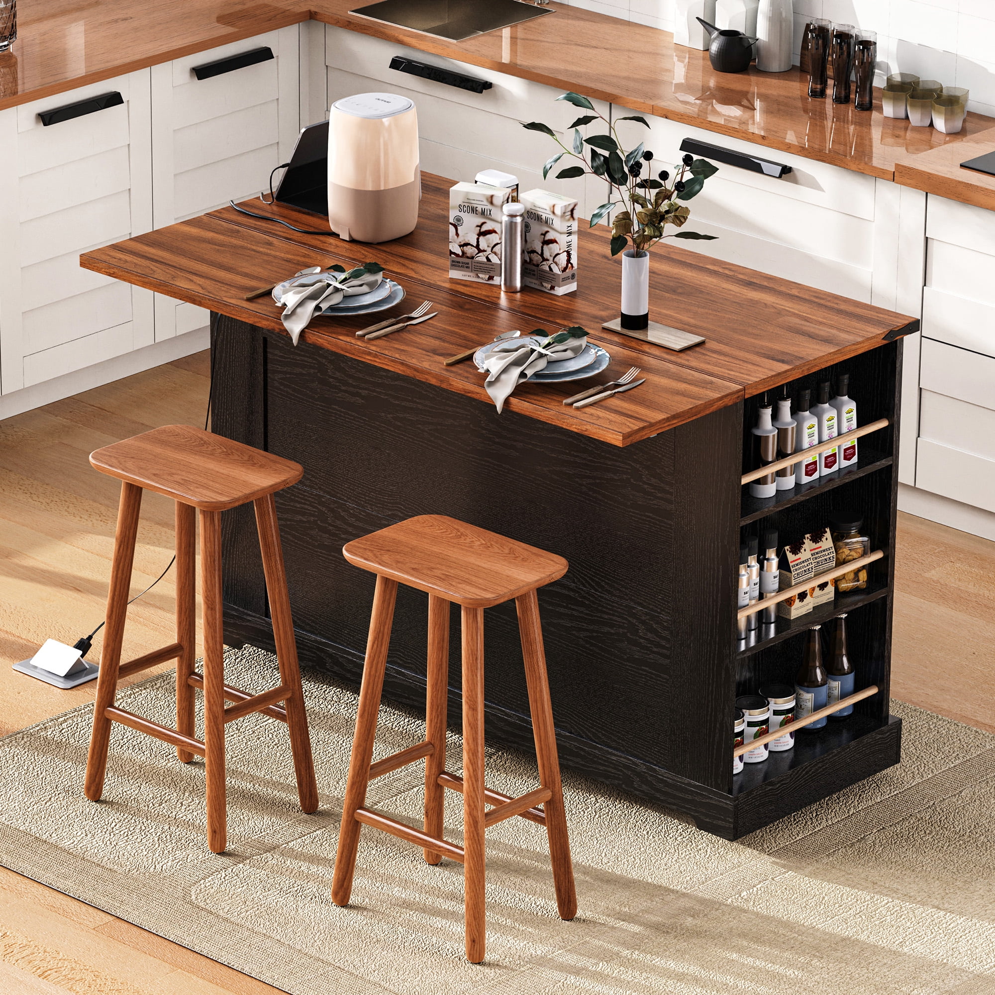 Euroco 53'' Farmhouse Kitchen Island with Two Tempered Glass Cabinet Doors，Rolling Kitchen Cart on Wheels