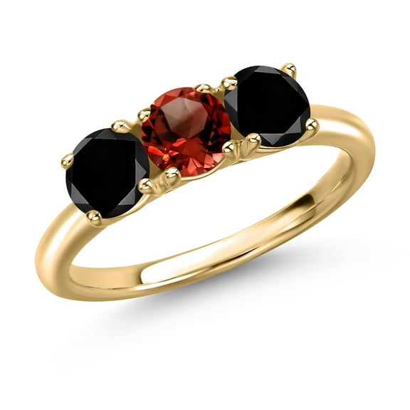 Gem Stone King 10K Yellow Gold Red Garnet and Black Diamond Engagement Ring for Women | 1.65 Cttw | Round 5MM | Gemstone January Birthstone | Size 6