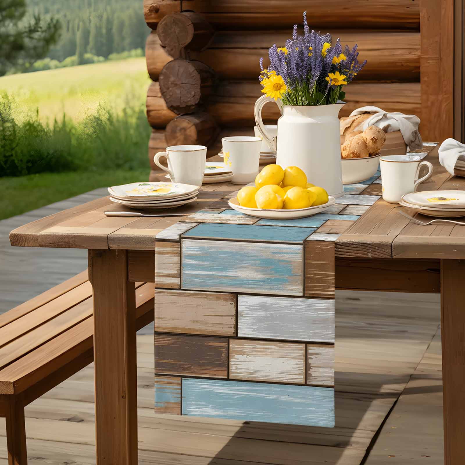 Vintage Farmhouse Wooden Board Table Runner 90 Inches Long, Rustic Blue Brown Wood Plank Table Runners Tabletop Scarf Kitchen Dining Tables Decoration for Home Party Indoor Outdoor