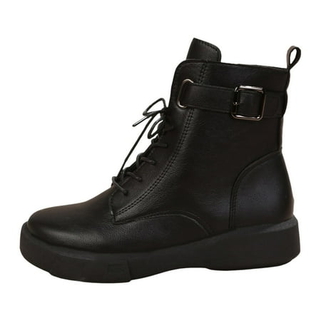 

ZMHEGW Womens Boots Fall Large British Style Short Sleeved Autumn Lace Up Belt Buckle Retro Leather Boots Shoes