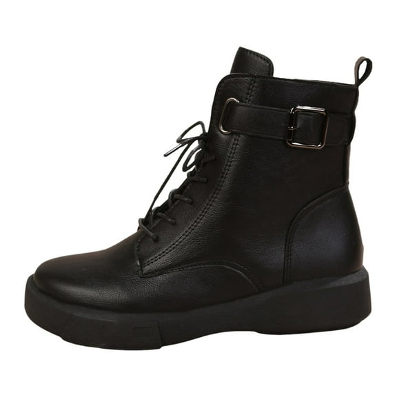 YLYL Women's Ankle Boots Leather Lace up Combat Boots Retro Round Toe High-top Buckle Non-Slip Side Zipper Plush Lining Warm Winter Boots