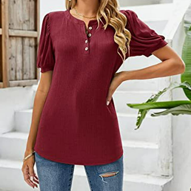 AherBiu Womens Ribbed Knit T Shirts Crew Neck Button Tshirts Shorts Sleeve Loose Fitting Summer Casual Tees