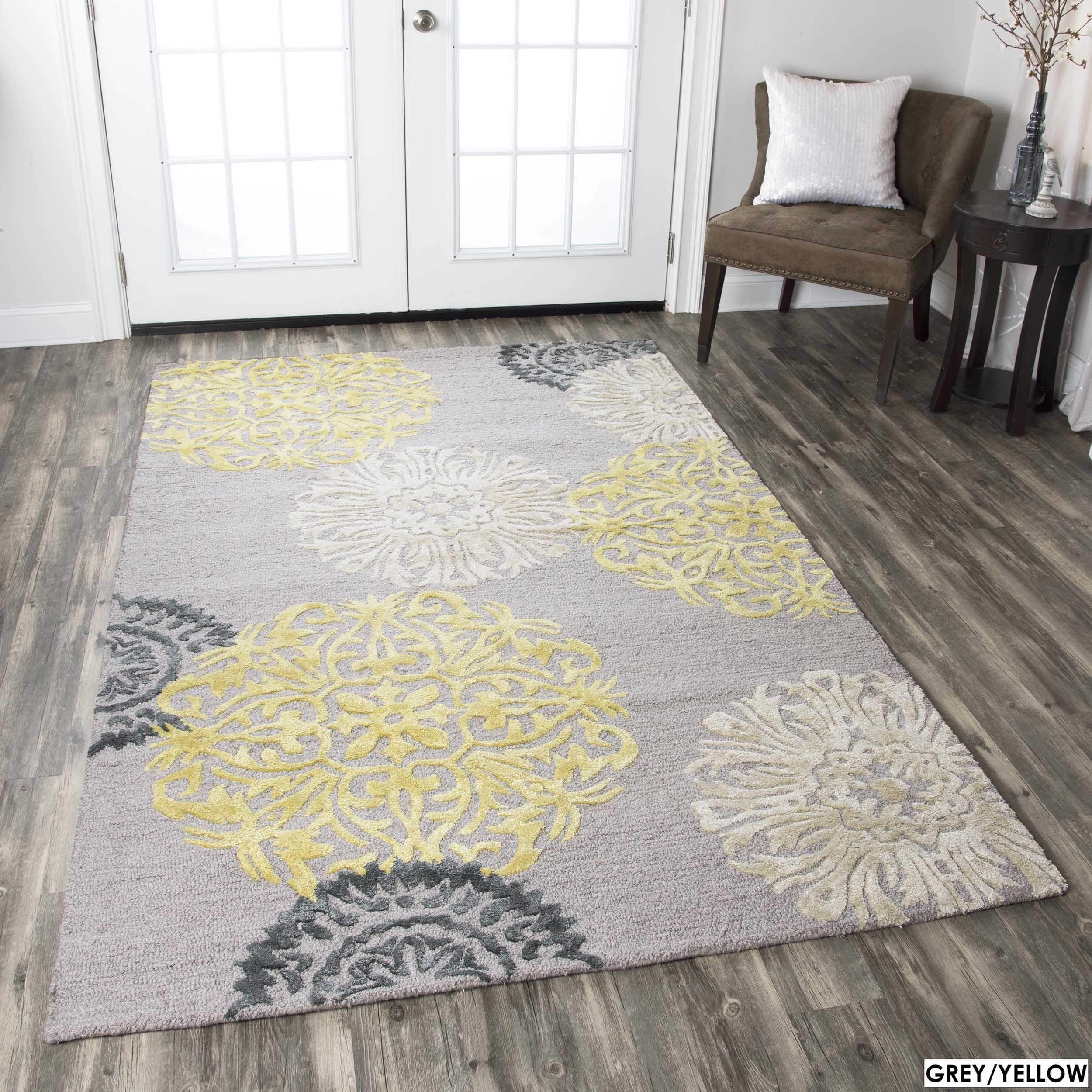 Rizzy Home Handtufted Floral Wool Grey/ Navy/ Yellow Rug (5' x 8