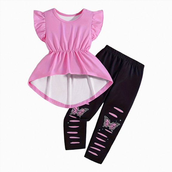 zaveiop Toddler Girl Clothes Kid Fall Outfit Ruffle Sleeve Shirt Top Floral Pants Winter Clothing Set (Pink, 7-8 Years)