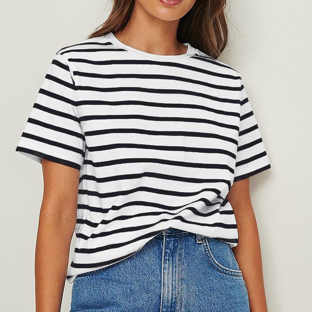 Blouses pour Femmes, Blouses Décontractées à la Mode pour Femmes, T-Shirt Rayé, Col Rond, Manches Courtes