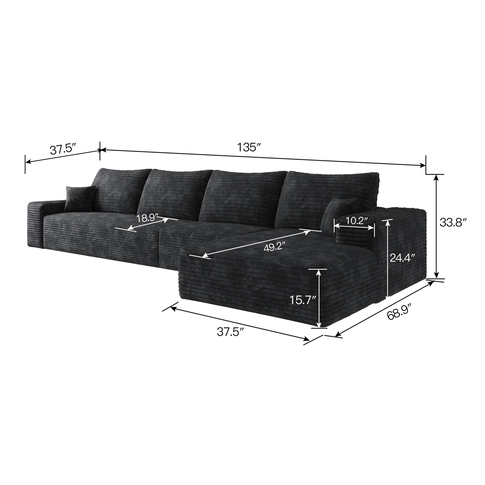 Cloud Sectional Sofa 135 Inch, L-Shape Modular Couch with Deep Seat and Corduroy Fabric, Extra Large Living Room Sofa Set, No Assembly Required, Black