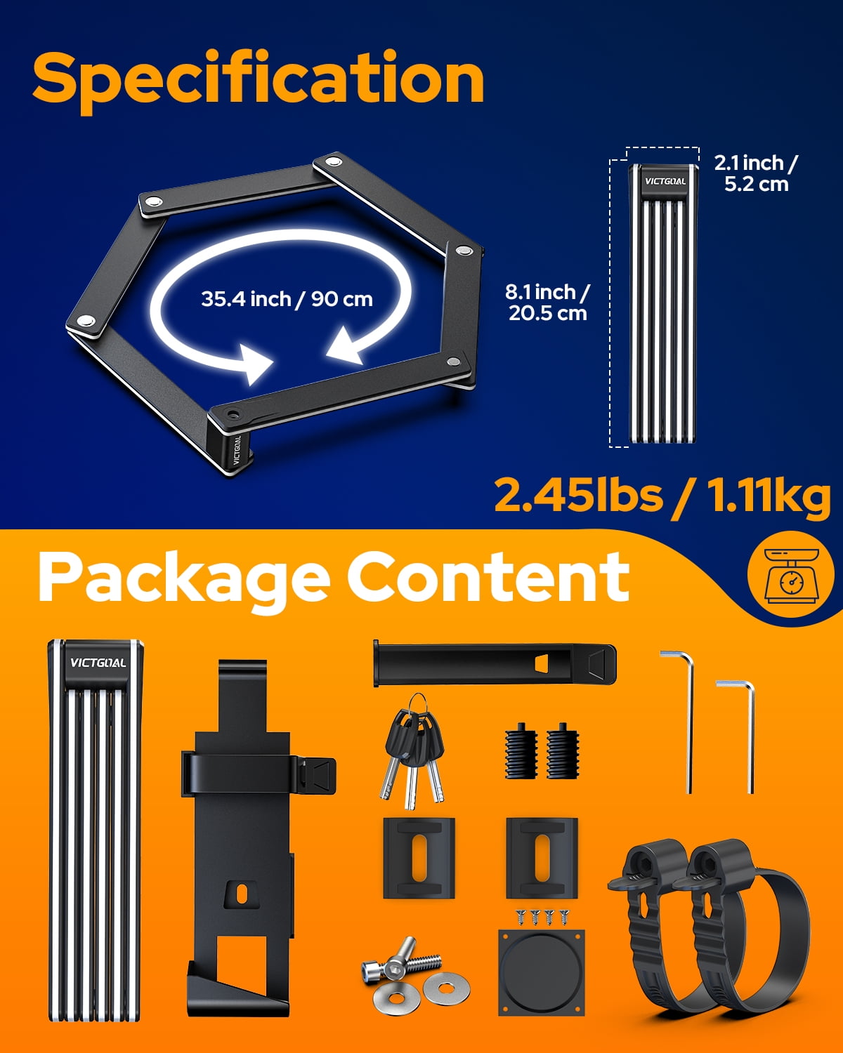 VICTGOAL Folding Bike Lock with Hidden Holder for AirTag, Heavy Duty Bike Locks with Keys, Foldable Bike Lock with Mount for Bicycle Ebike Scooter
