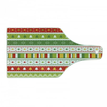 

Christmas Cutting Board Traditional Winter Seasonal Borders Stars Bells Trees Stripes Print Tempered Glass Cutting and Serving Board Wine Bottle Shape Lime Green Yellow Red by Ambesonne