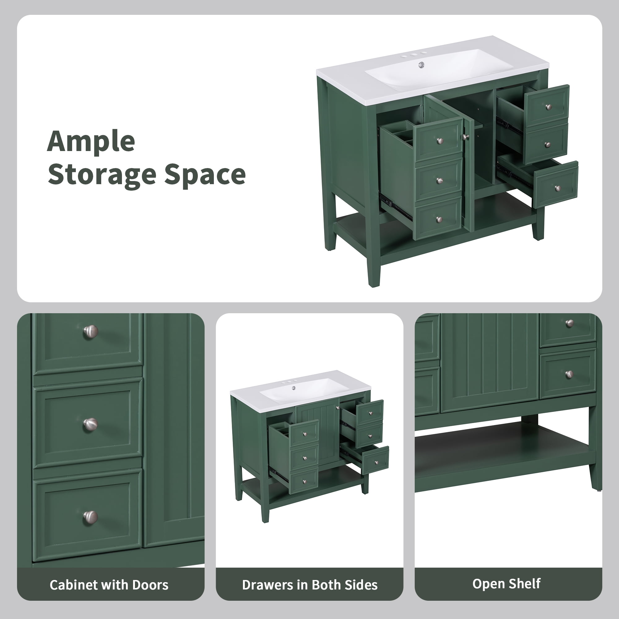 Euroco 36" Freestanding Bathroom Vanity with Ceramic Sink, Cabinet, Drawers & Open Shelf – Solid Wood & MDF Structure