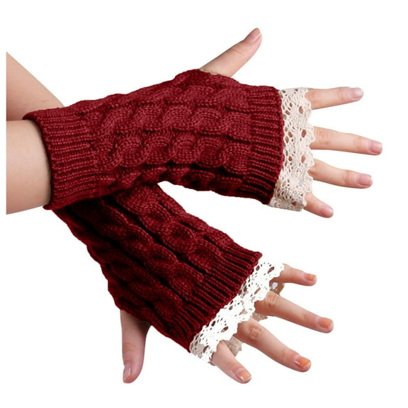 ShomPort Fingerless Gloves for Womens Lace Trim Thumb Hole Cable Knit Trendy Winter Going Out Soft Cozy Arm Warmer