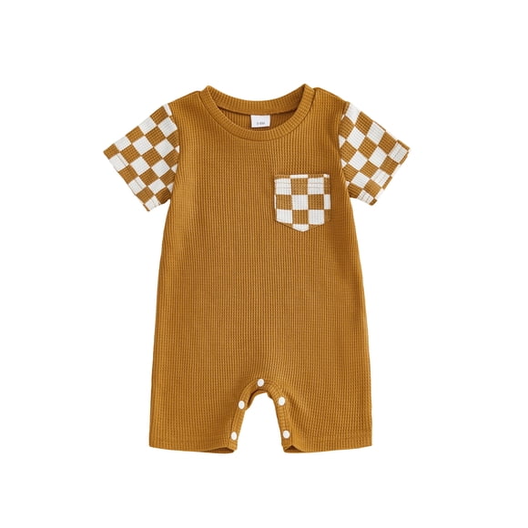 Mono para bebé niño, manga corta, cuello redondo, a cuadros, ropa de verano para uso diario informal.