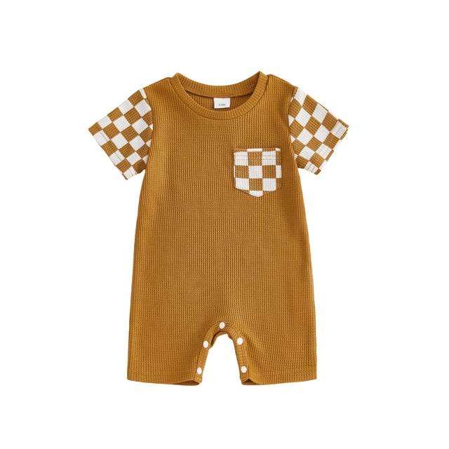 Mono para bebé niño, manga corta, cuello redondo, a cuadros, ropa de verano para uso diario informal.