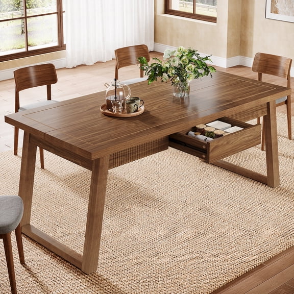 Fnova 55.12” Farmhouse Dining Table, Wood Rectangular Kitchen Table with Large Storage Drawer, Seats 4 to 6 for Dining Room & Kitchen, Living Room