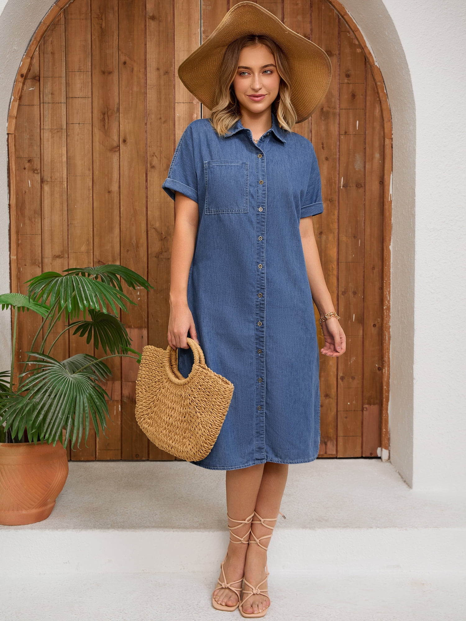 DARING DIVA Midi Denim Short Sleeve Button Down Tunic Jean Dress XL Blue