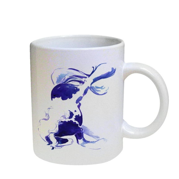 KuzmarK Coffee Cup Mug Pearl Iridescent White - Prancing Piebald Gypsy Vanner Stallion in Purple and Blue Abstract Horse Art by Denise Every