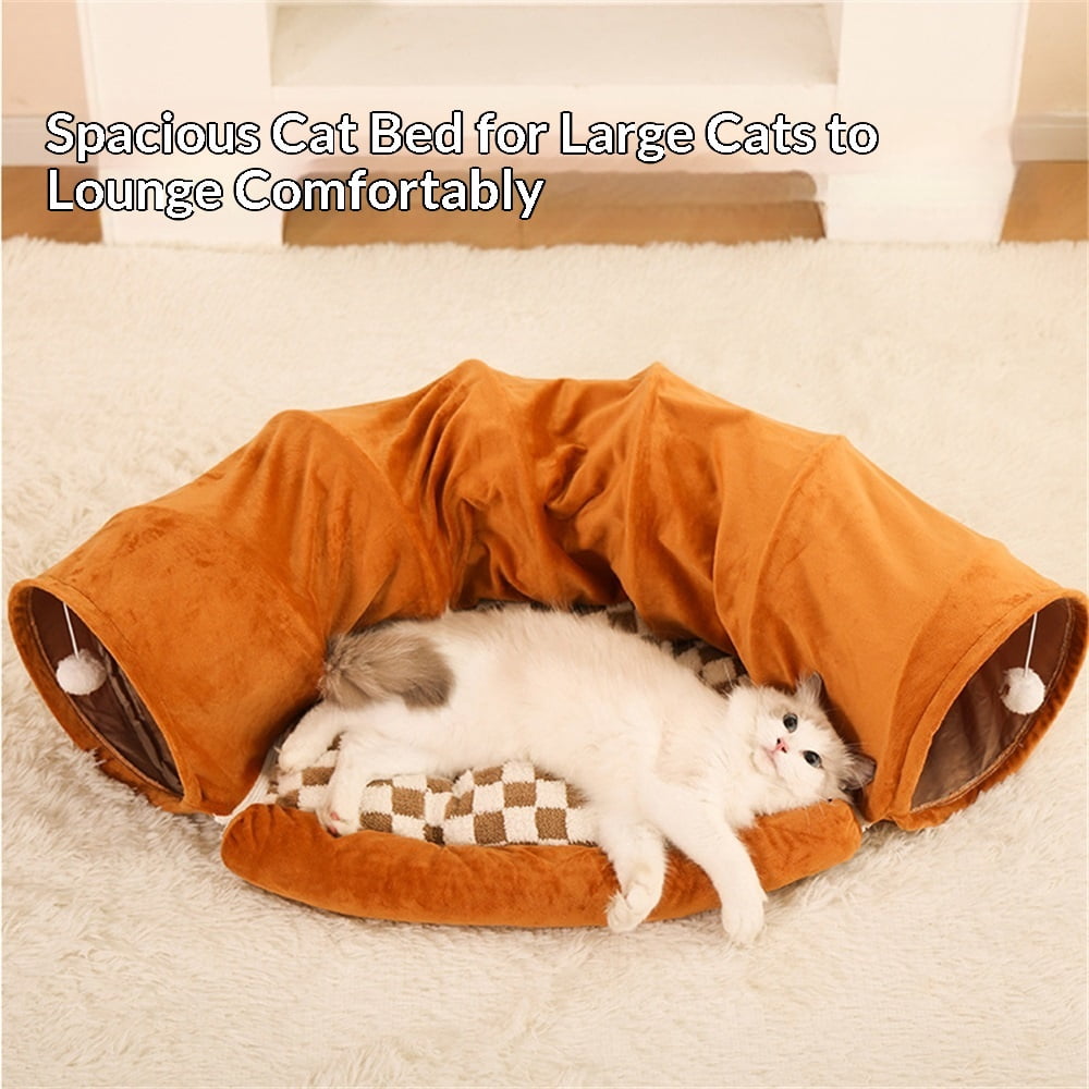 Bunny Tunnel Bed, 2-in-1 Collapsible Tunnel Tubes Toys with Removable Mat Hideout for Cats Kittens Rabbits Guinea Pigs Kitty