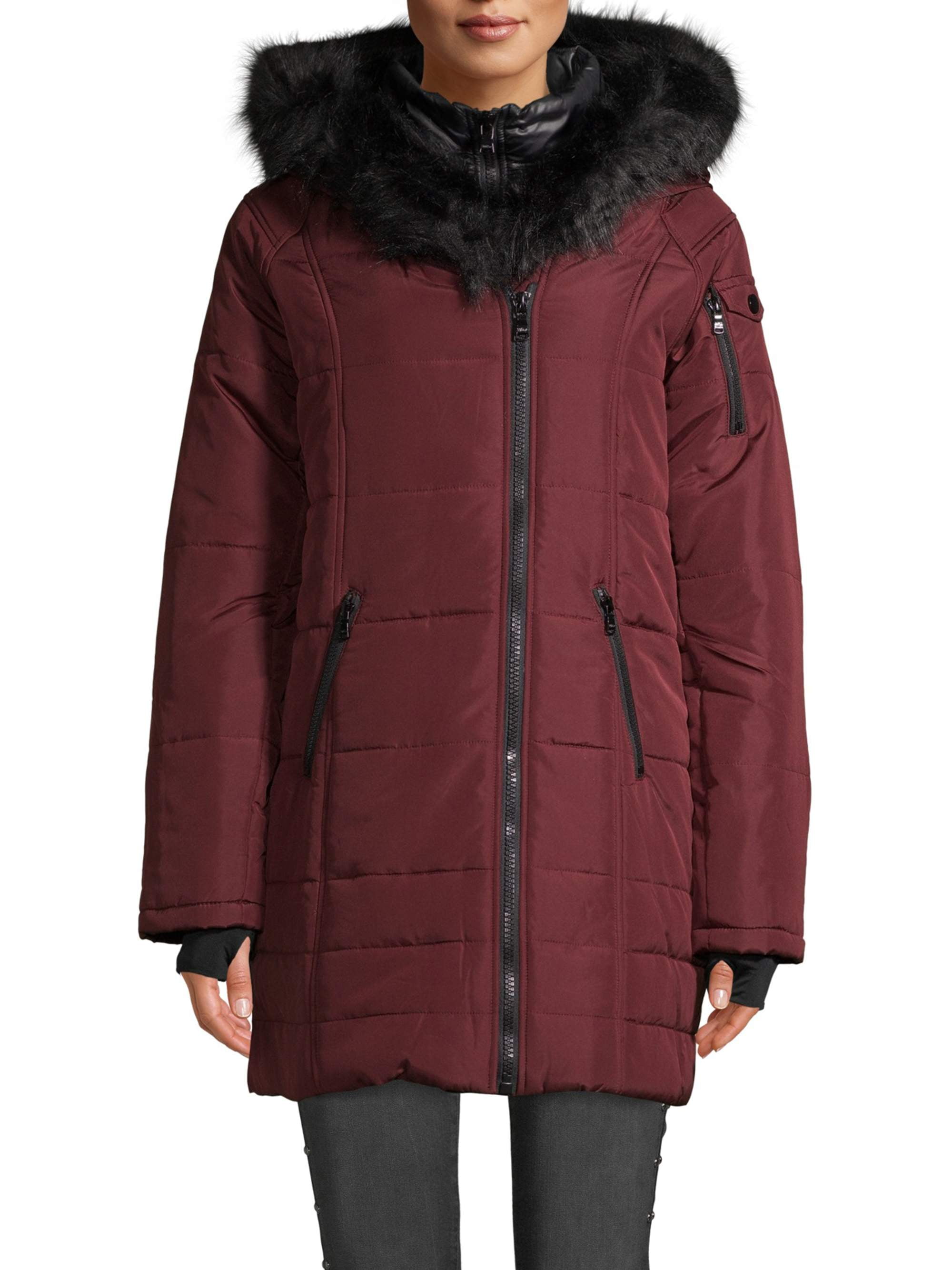 asymmetrical puffer coat with fur hood