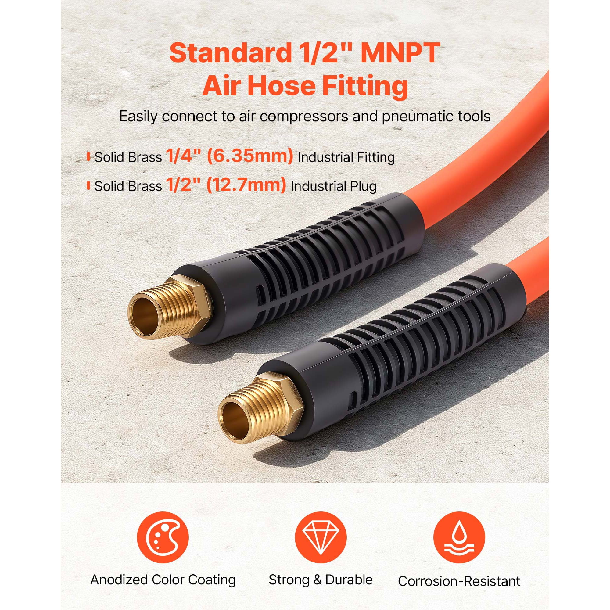 KFFKFF 1/2" x 100ft Hybrid Air Hose, Durable and Flexible, Lightweight Design, Kink-Resistant, Pneumatic Hose with 1/2 inch Brass Male Fittings, Three-Layer Construction, 300 PSI