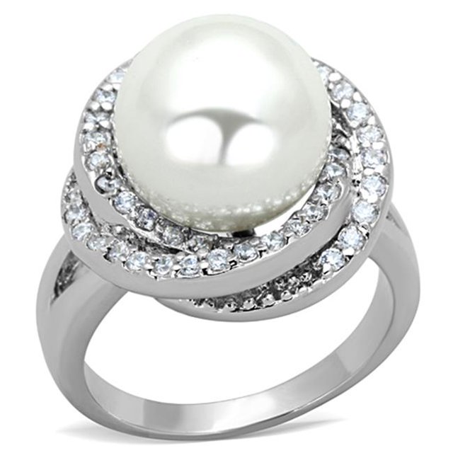 Alamode 3W759-5 Women Rhodium Brass Ring with Synthetic in White - Size 5