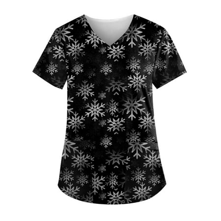 

Christmas Print Scrub Tops for Women Breathable Santa Claus Snowman Pattern V-Neck T-Shirts Tee Tops with Pockets