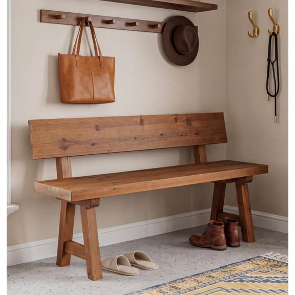 Finmind Dining Bench with Back, 47" Solid Wood Farmhouse Indoor Bench Seat for Entryway, Mudroom, Living Room, Rustic Brown, Easy Assembly