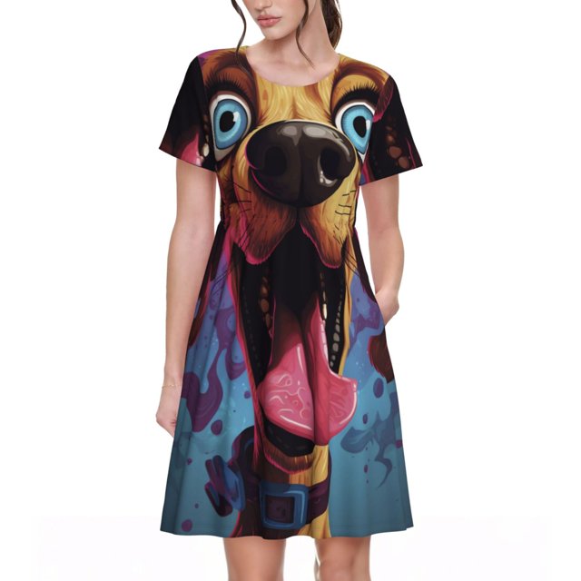 Balery Cartoon Big-Eyed Dog Vestidos sueltos de manga corta para mujer, vestidos de verano 2025, vestidos casuales de corte A con vuelo.