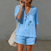 FNFYFH Cotton Linen Gauze Sets for Women Tie Front V Neck Shirts and Shorts Set Summer Beach Vacation Outfits