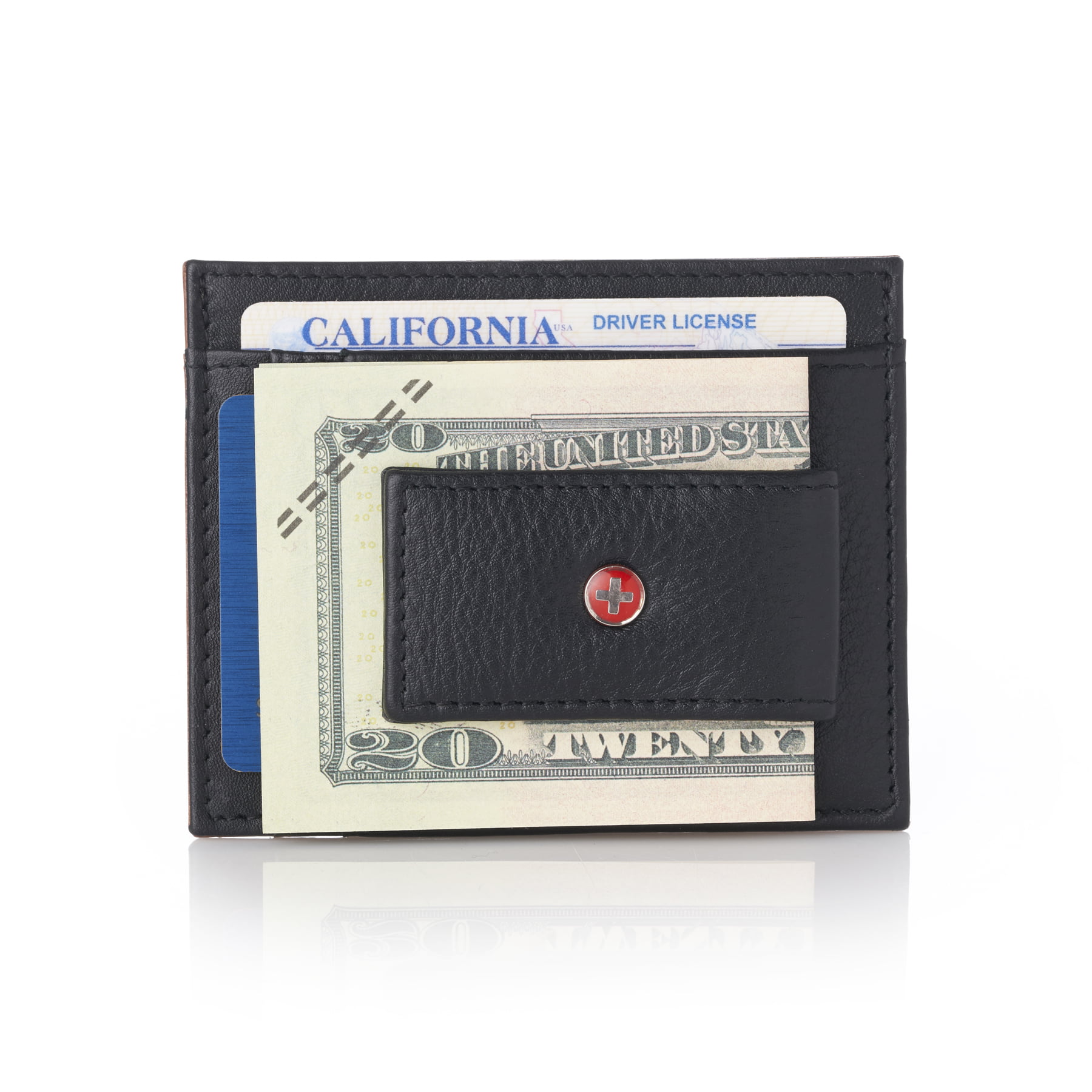 Genuine Leather Front Pocket Magnetic Money Clip Slim Thin Minimalist Mens Wallet Logos 