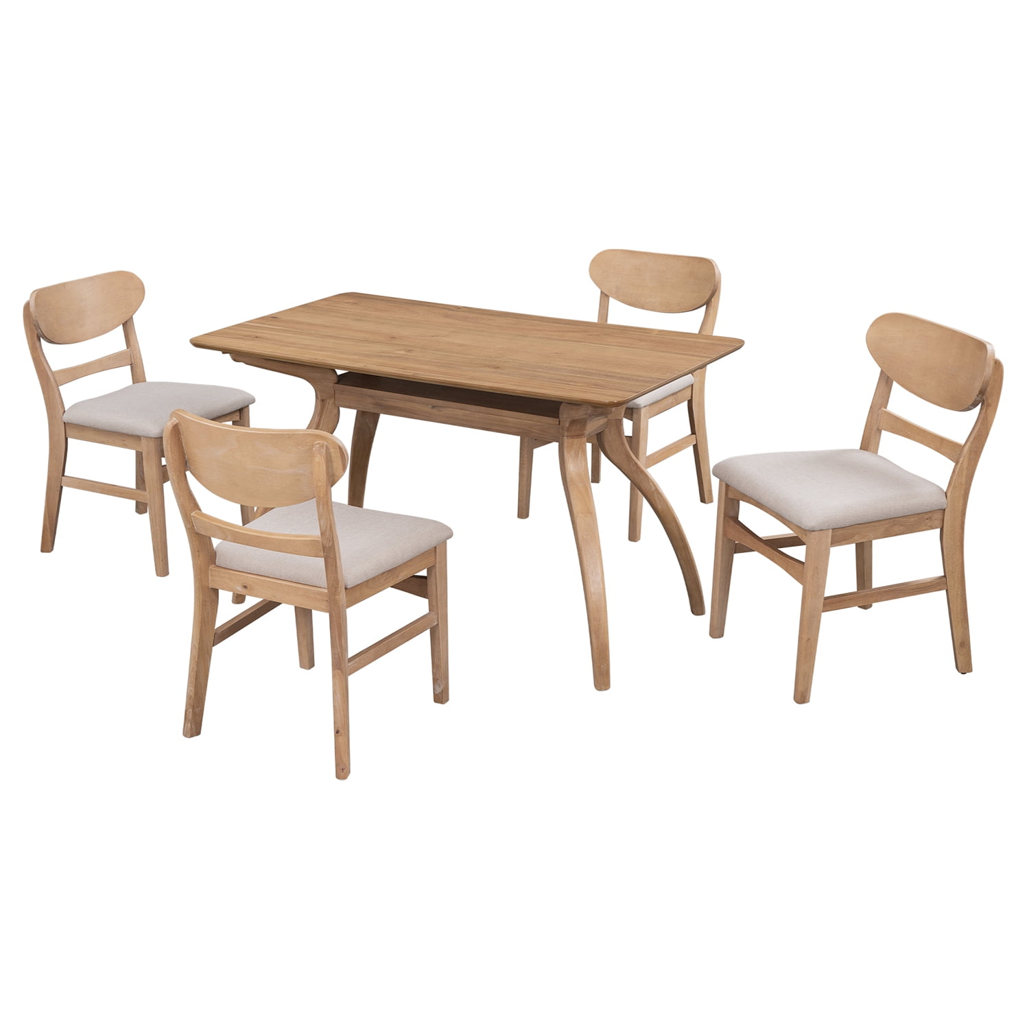 Kadyn 5-Piece Dining Table Set, Solid Wood Dining Set with MDF Board Tabletop and 4 Upholstered Chairs, Kitchen Table and Chairs Set for Dining Room, Natural Wood Wash