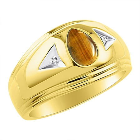 Gold Filled Tiger Eye - Mens Tiger Eye & Diamond Ring Sterling Silver or Yellow Gold Plated Silver Band