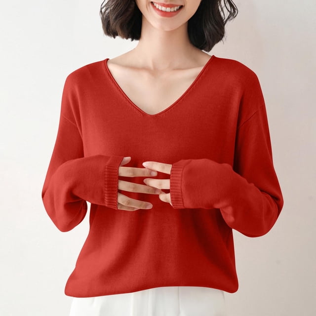 asjyhkr Women Ribbed Knit Shirts Long Sleeve V Neck Tops Solid Color Comfy Loose Fitting T Shirts Sweater